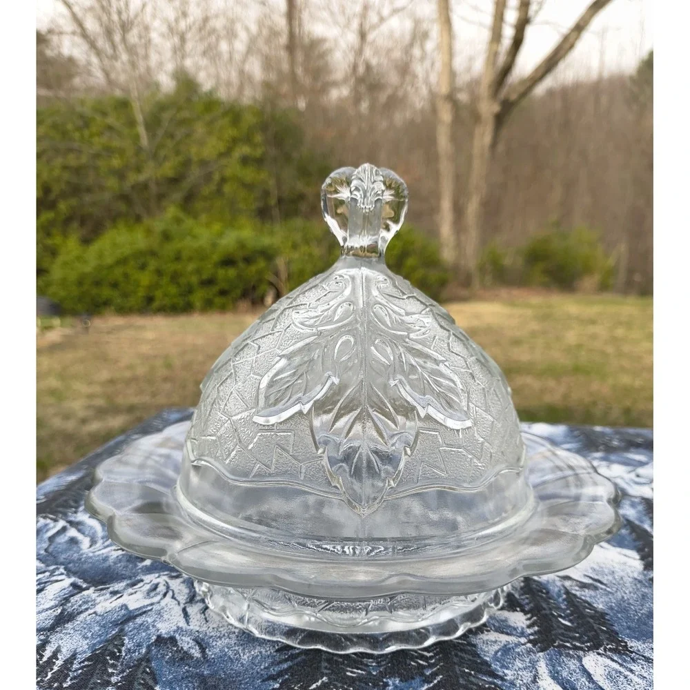 Vintage EAPG Glass Domed‎ Butter Dish Cloche Maple Leaf Design Decorative Finial